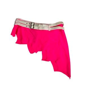 Latin Angel VTG Y2K Neon Pink Asymmetrical Ruffle Dance Mini Skirt Double Belt L
